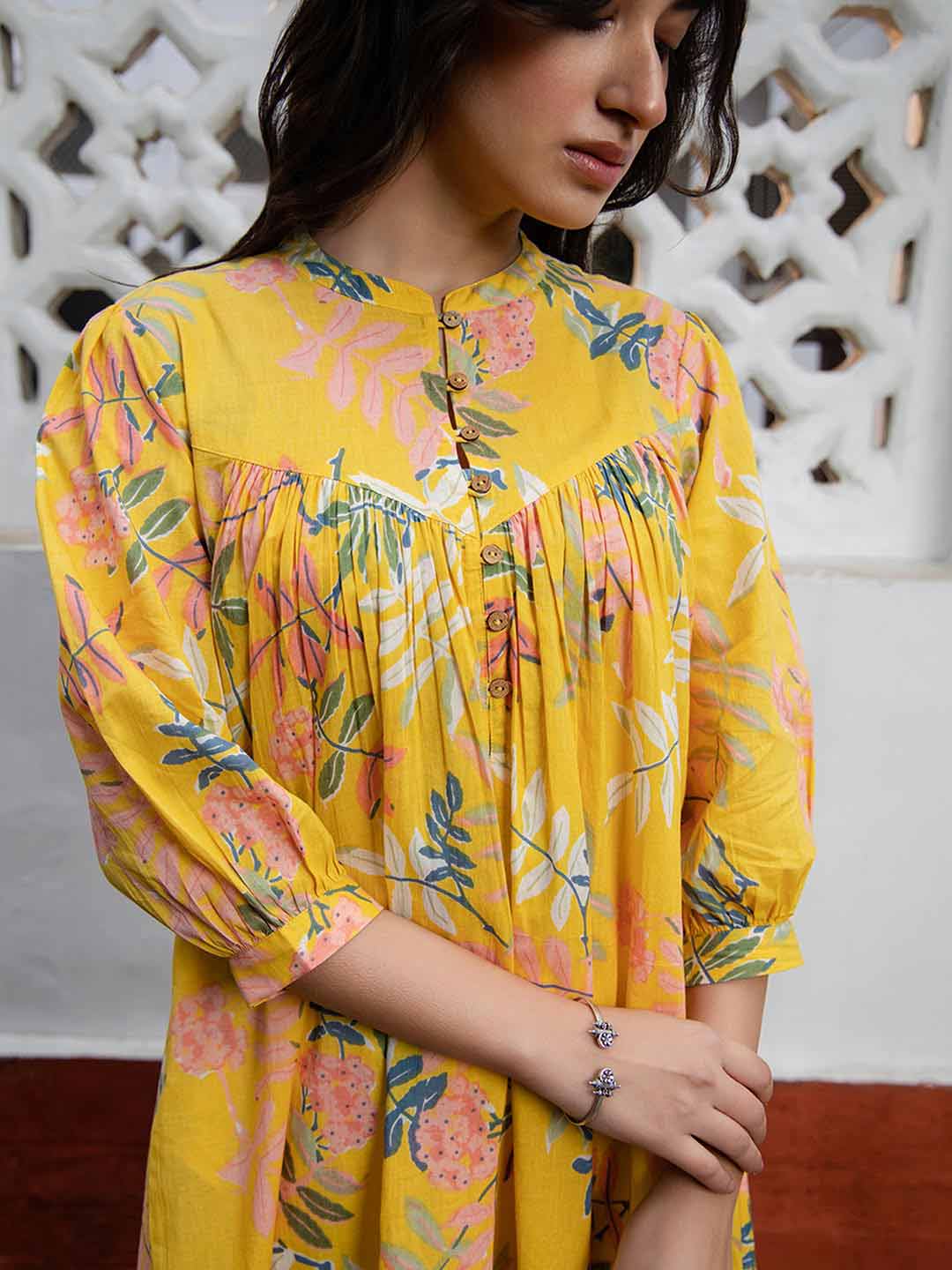 Yellow Cotton Trophical Gathered Tunic
