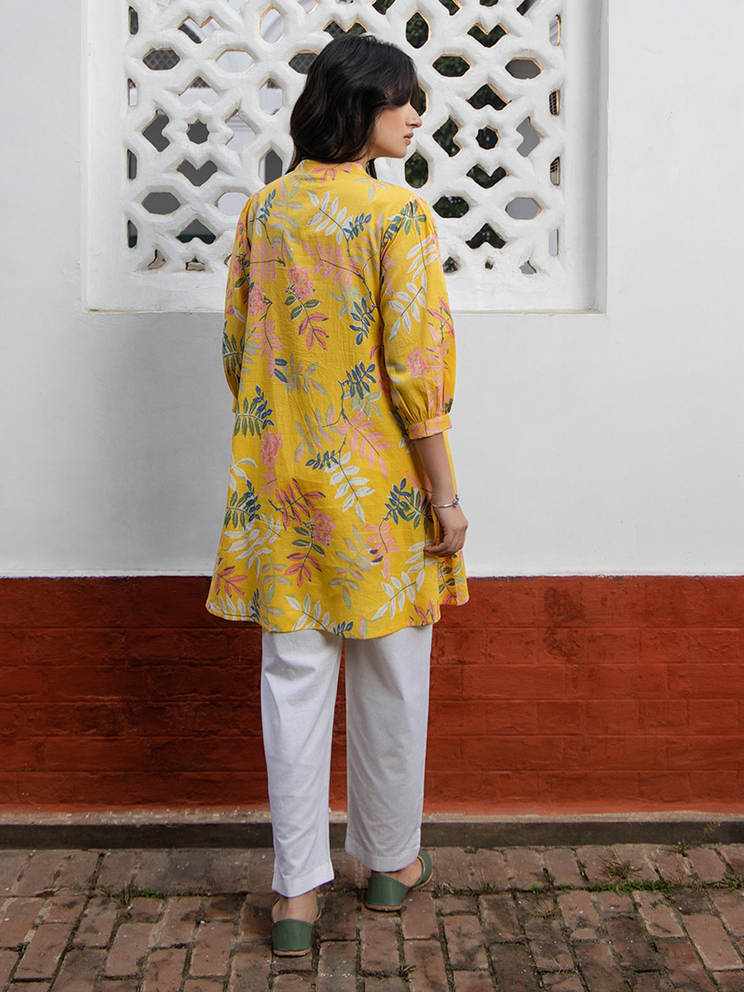 Yellow Cotton Trophical Gathered Tunic