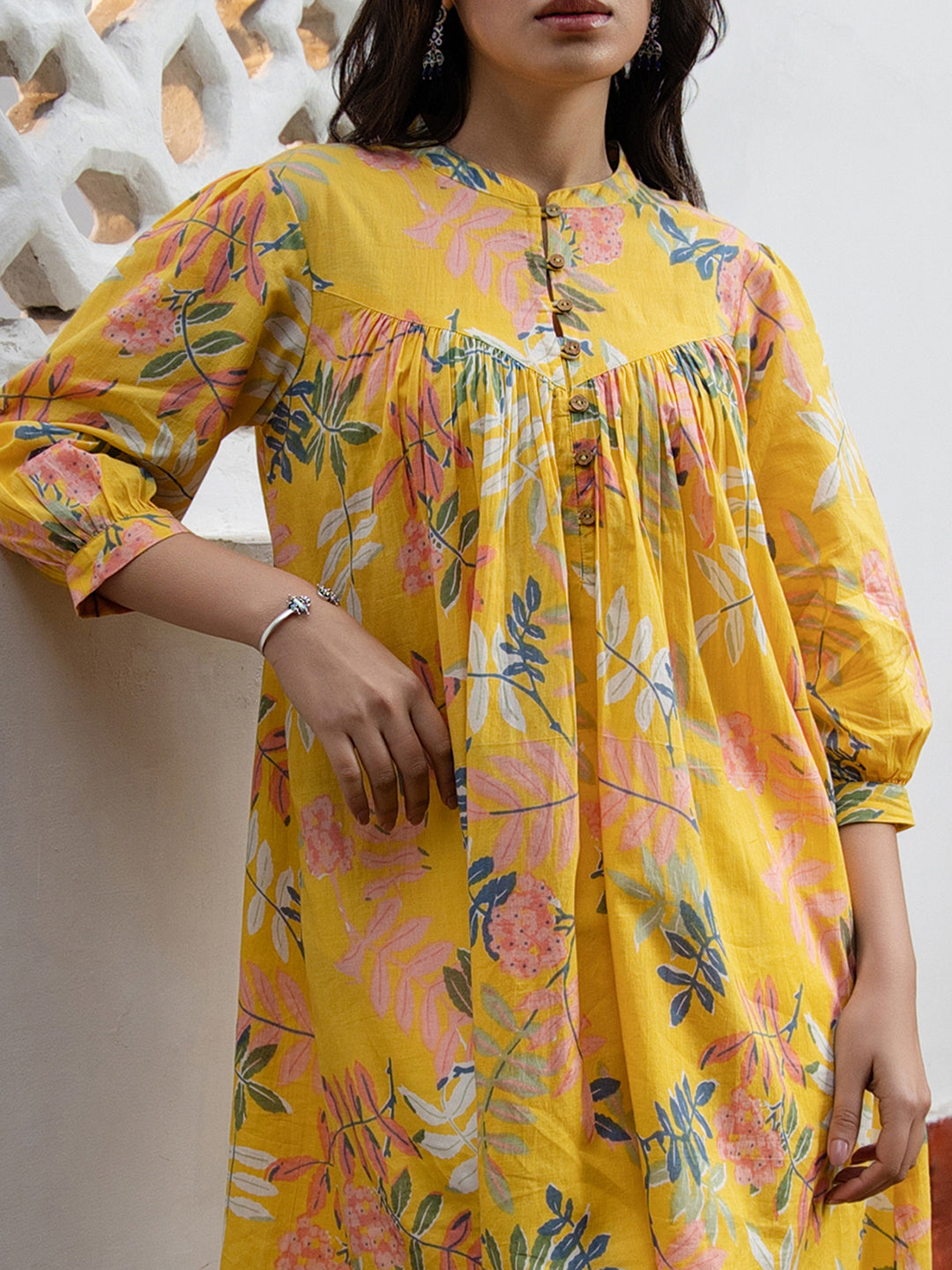 Yellow Cotton Trophical Gathered Tunic