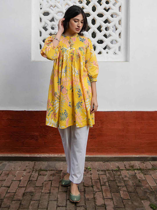 Yellow Cotton Trophical Gathered Tunic