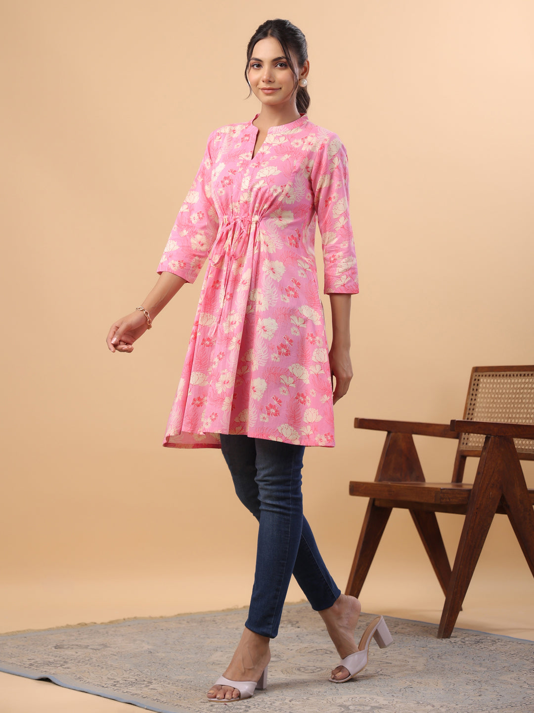 Pink Cotton Floral A-Line Tunic