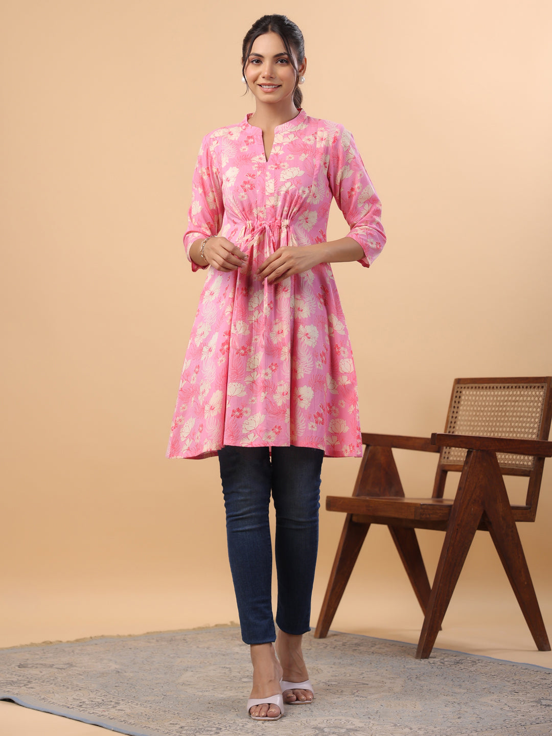 Pink Cotton Floral A-Line Tunic