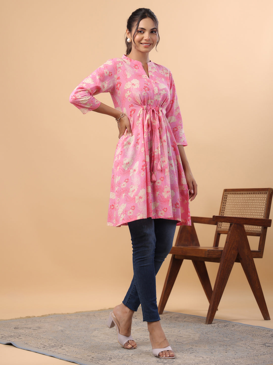 Pink Cotton Floral A-Line Tunic