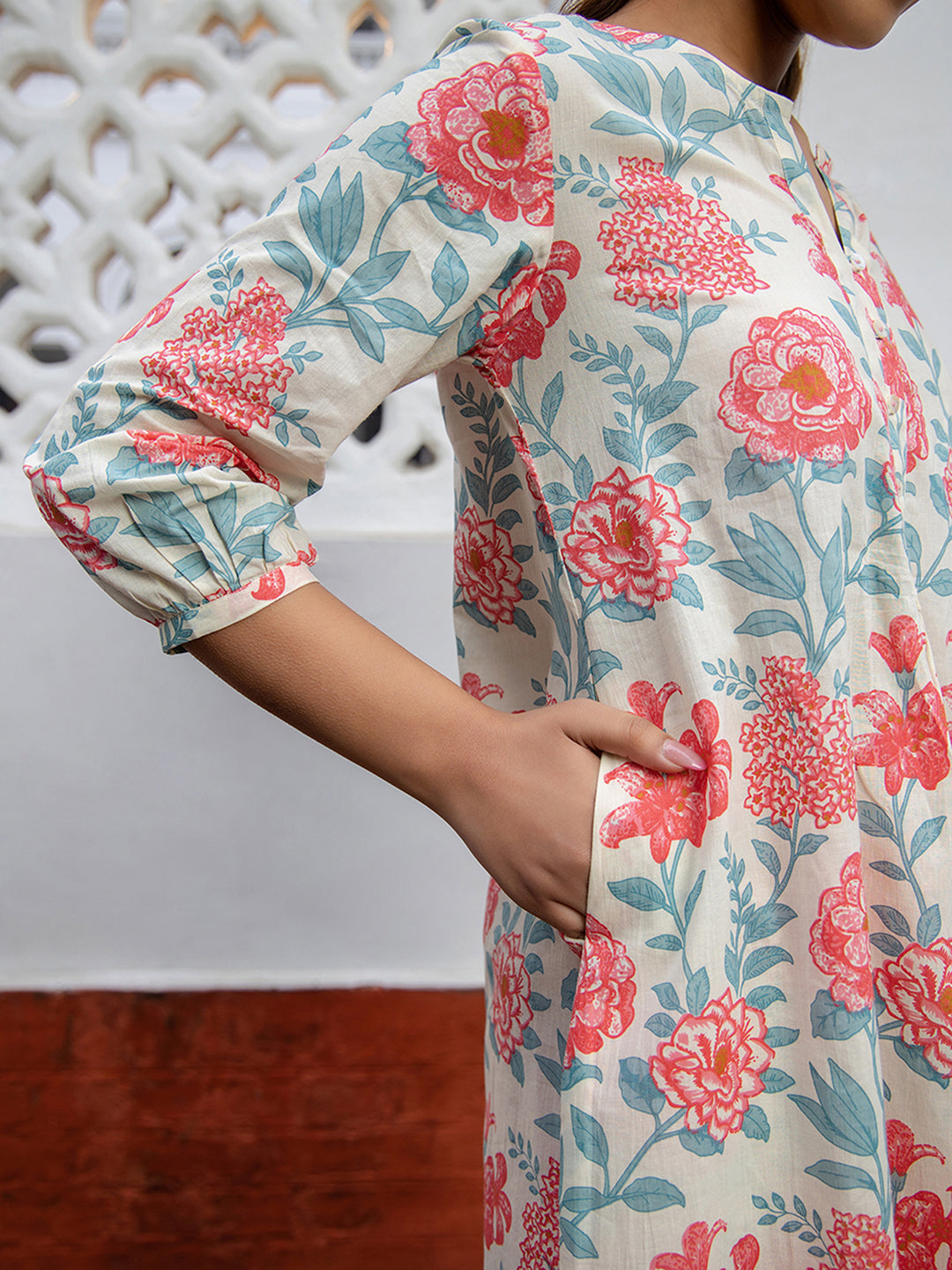 Cream Cotton Floral A-Line Tunic