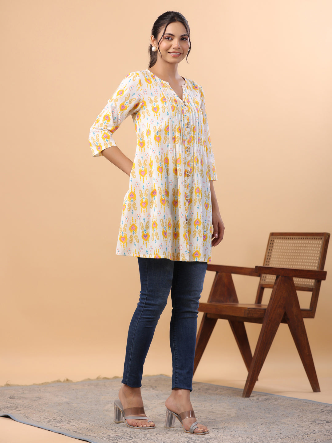 White Cotton Ikkat Pleated Tunic