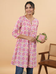 Pink Cotton Ikkat Pleated Tunic