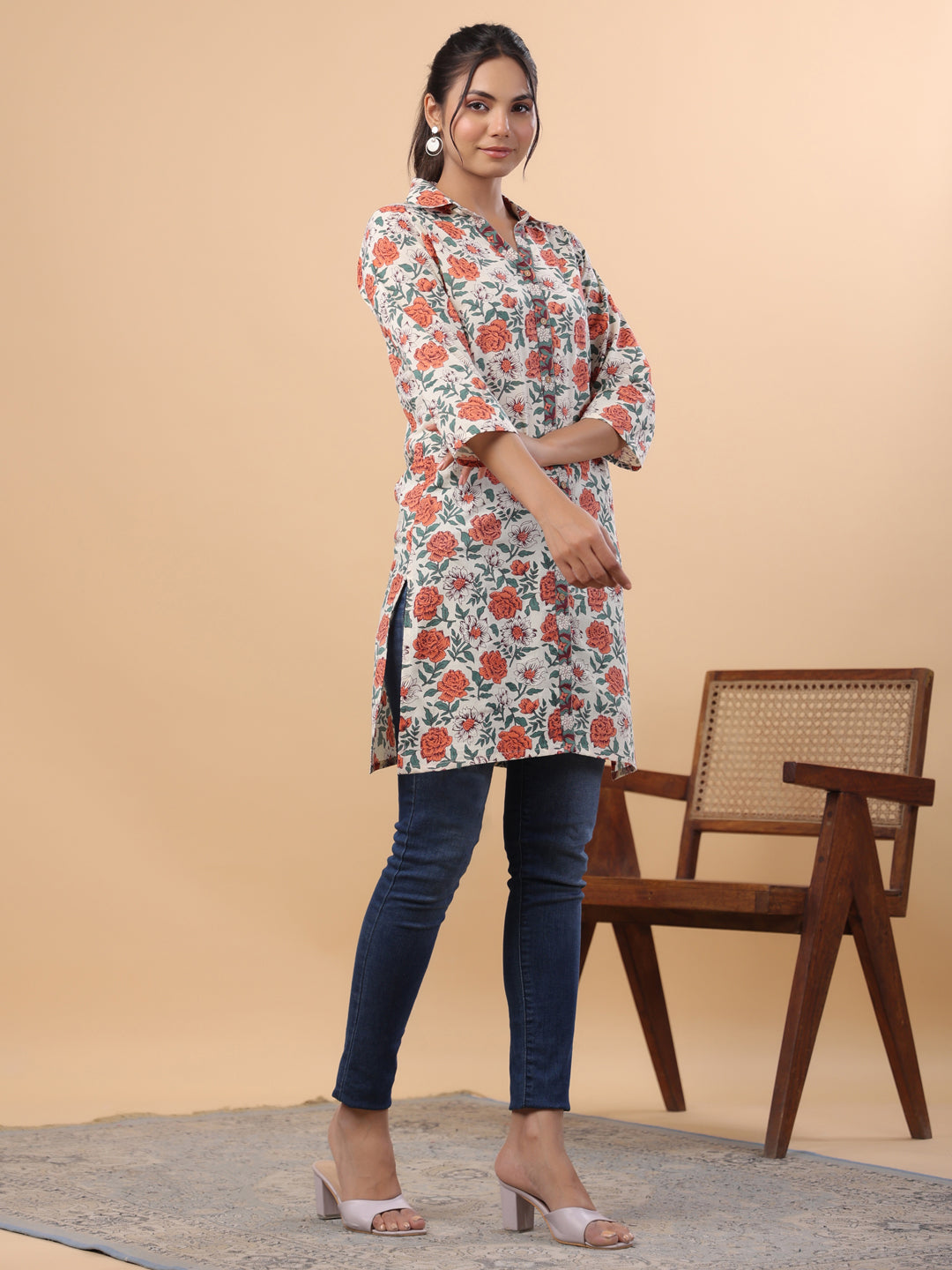 Cream Cotton Floral A-Line Tunic