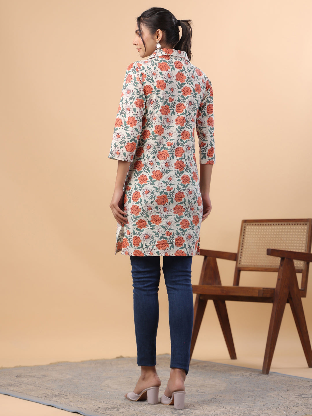 Cream Cotton Floral A-Line Tunic