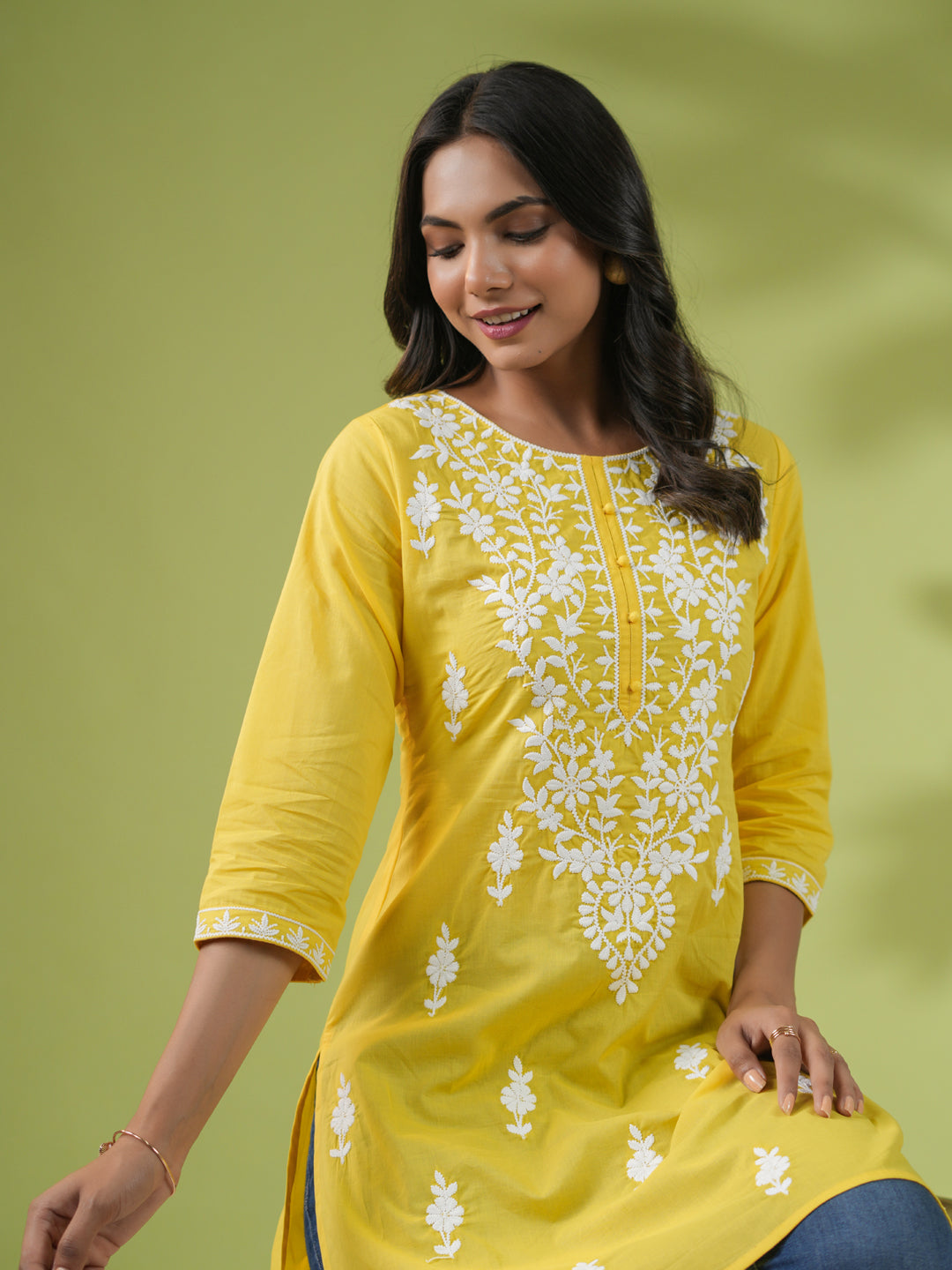 Yellow Cotton Chikankari Tunic