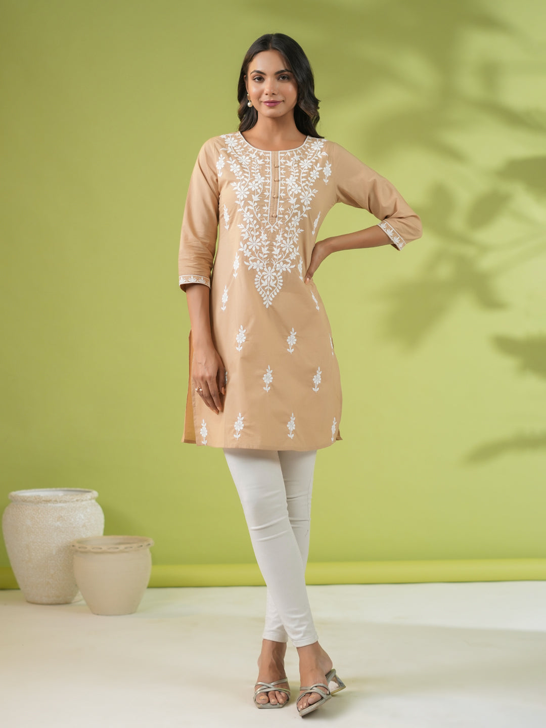 Beige Cotton Chikankari Regular Tunic