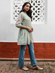 Sea Blue Georgette Floral Gathered Tunic