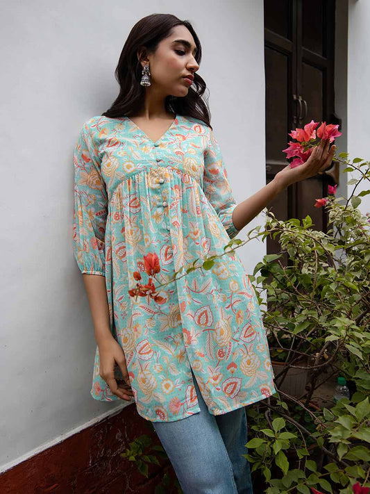Sea Blue Georgette Floral Gathered Tunic
