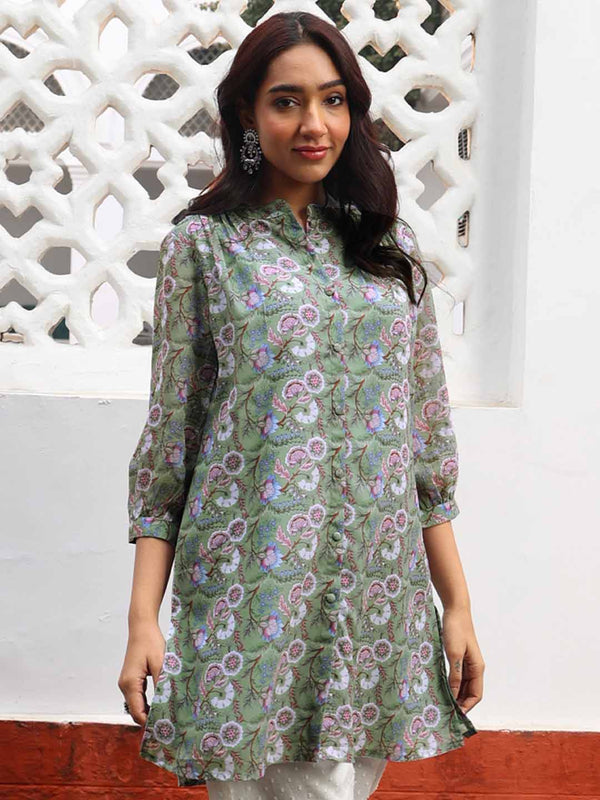 Sage Georgette Floral Printed Regular Tunic