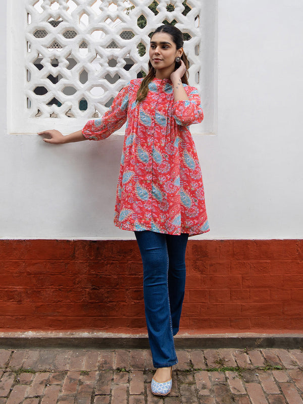 Red Georgette Printed Regular Tunic