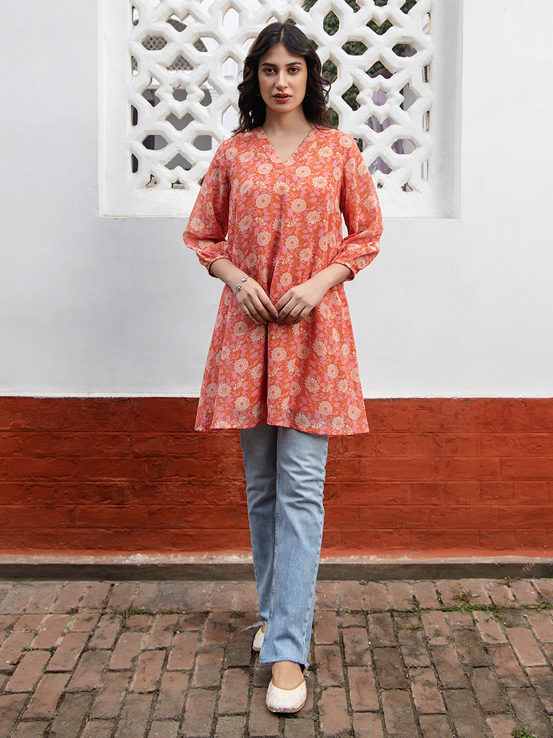 Orange Georgette Floral Tunic