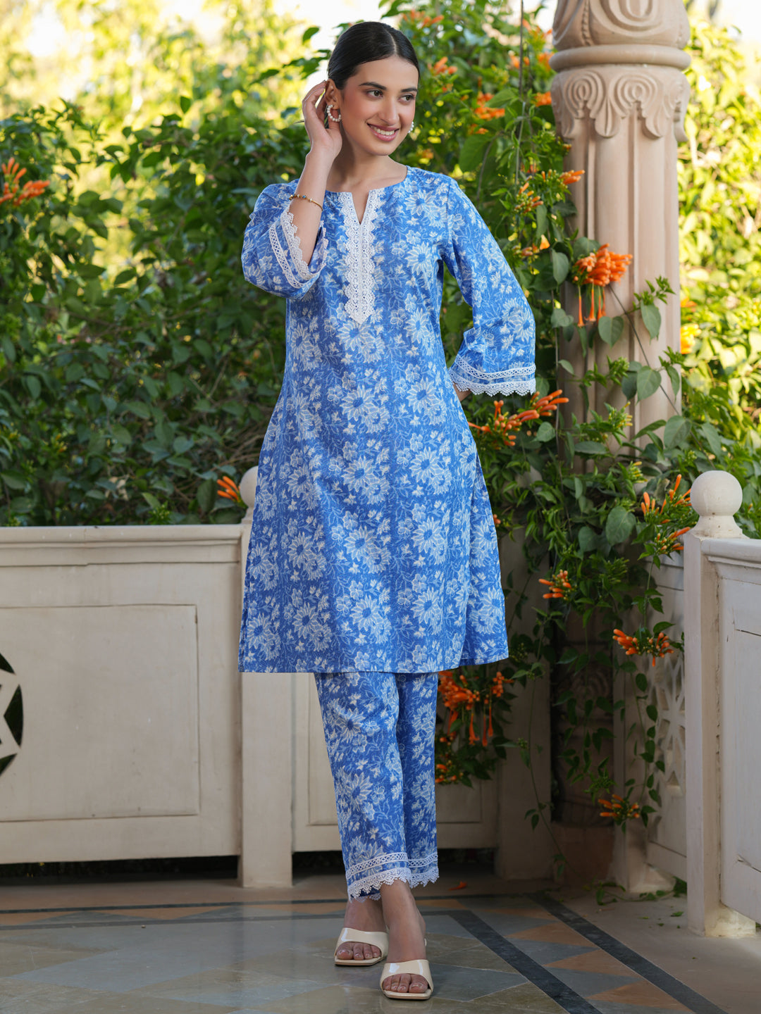 Blue Pure Cotton Floral Printed Straight Co-ord Set