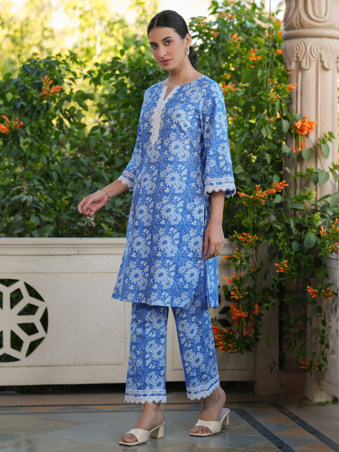 Blue Pure Cotton Floral Printed Straight Co-ord Set