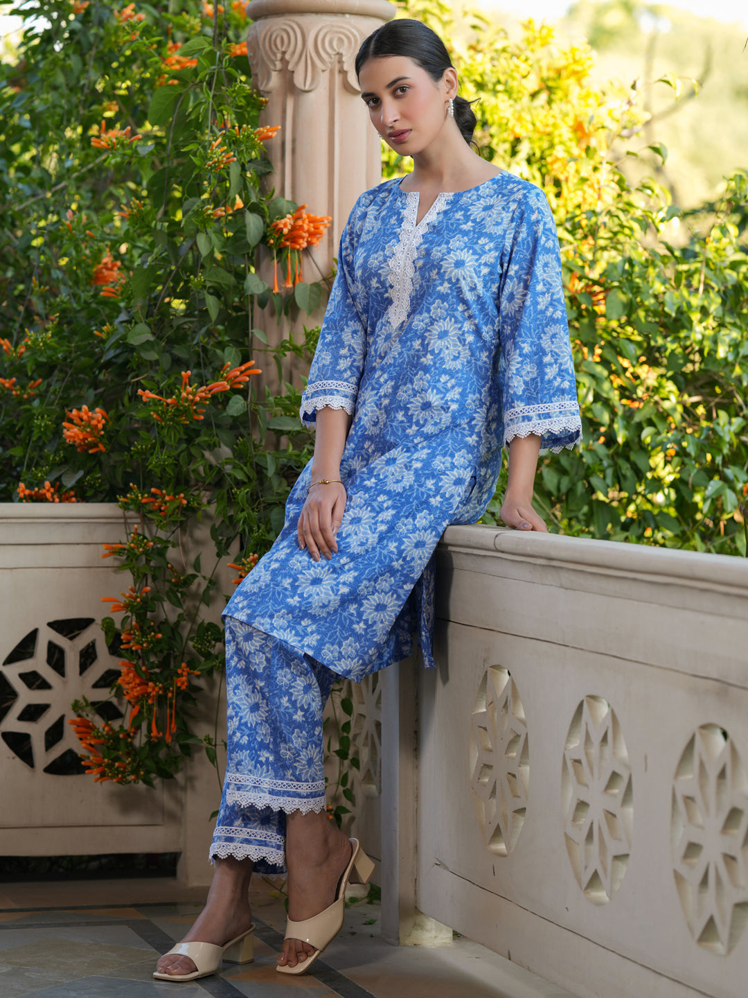 Blue Pure Cotton Floral Printed Straight Co-ord Set