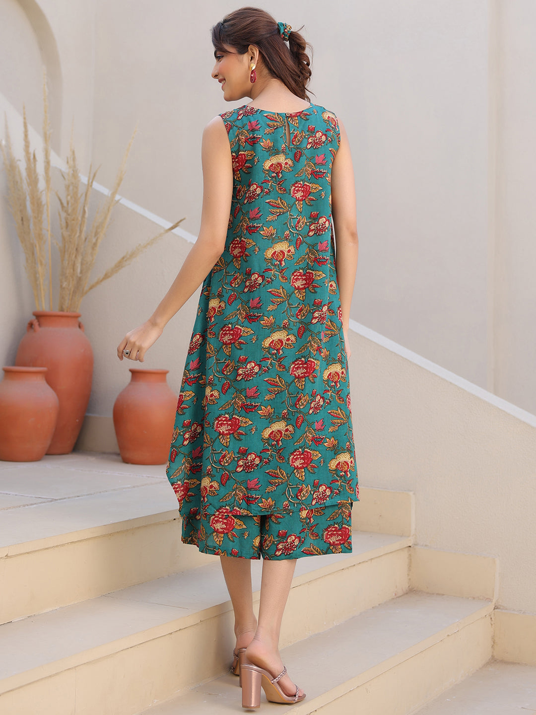 Green Rayon Floral Printed A-line Kurta With Culotte Pant Set