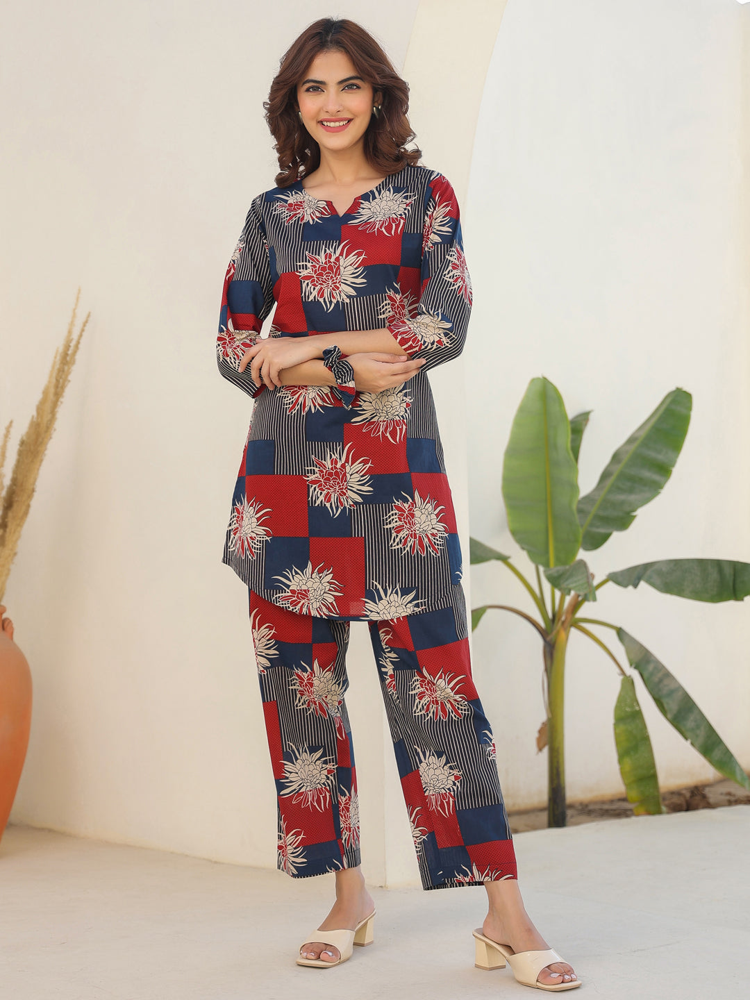 Navy Blue Pure Cotton Geometric Printed Straight Co-ord Set