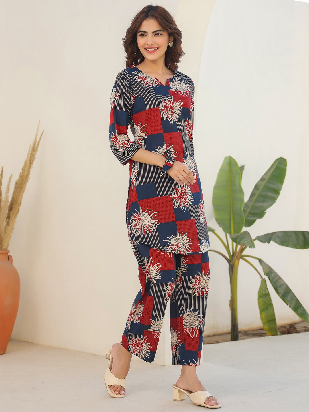 Navy Blue Pure Cotton Geometric Printed Straight Co-ord Set