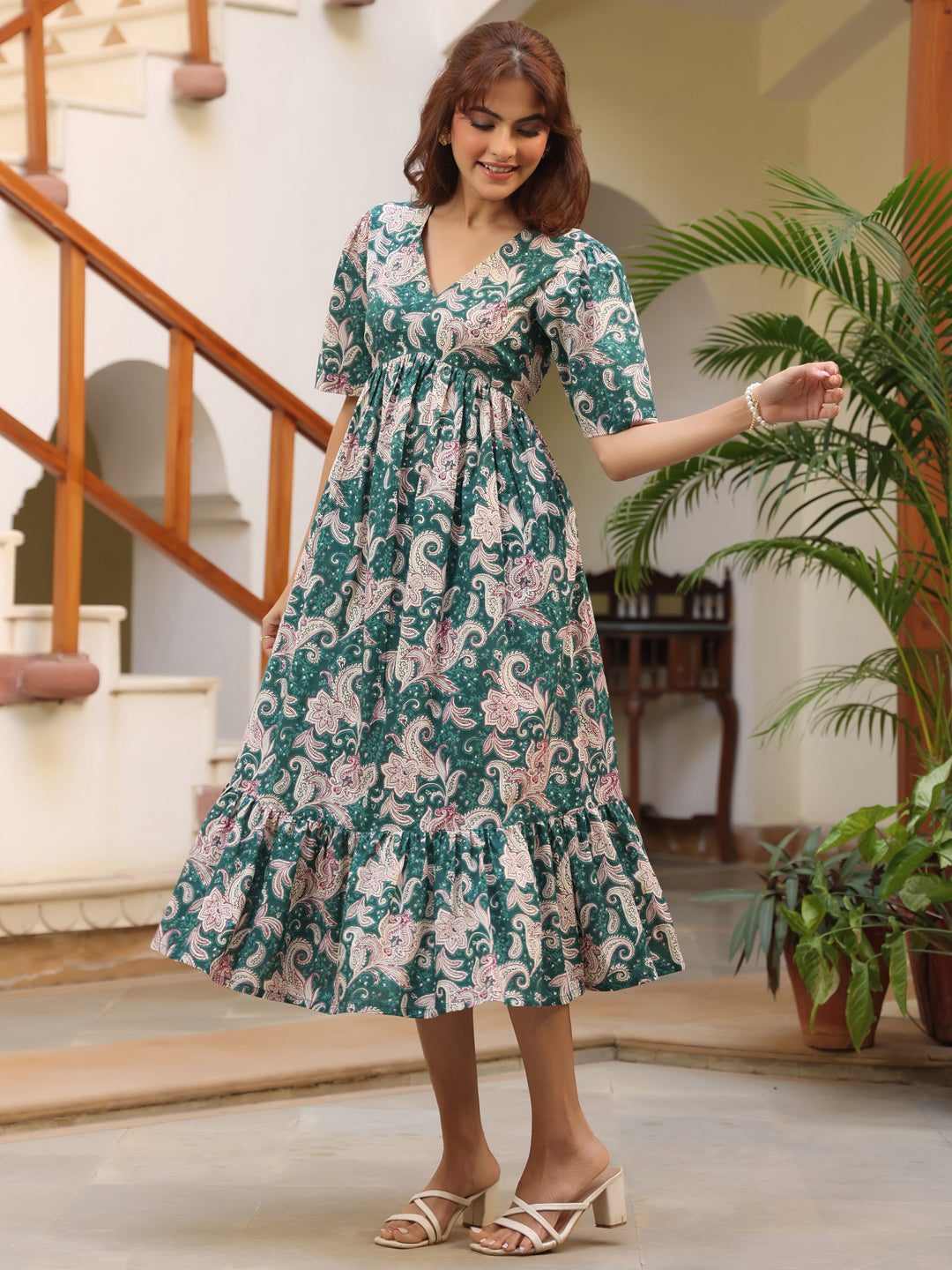 Green Pure Cotton Printed Floral Tiered Dress