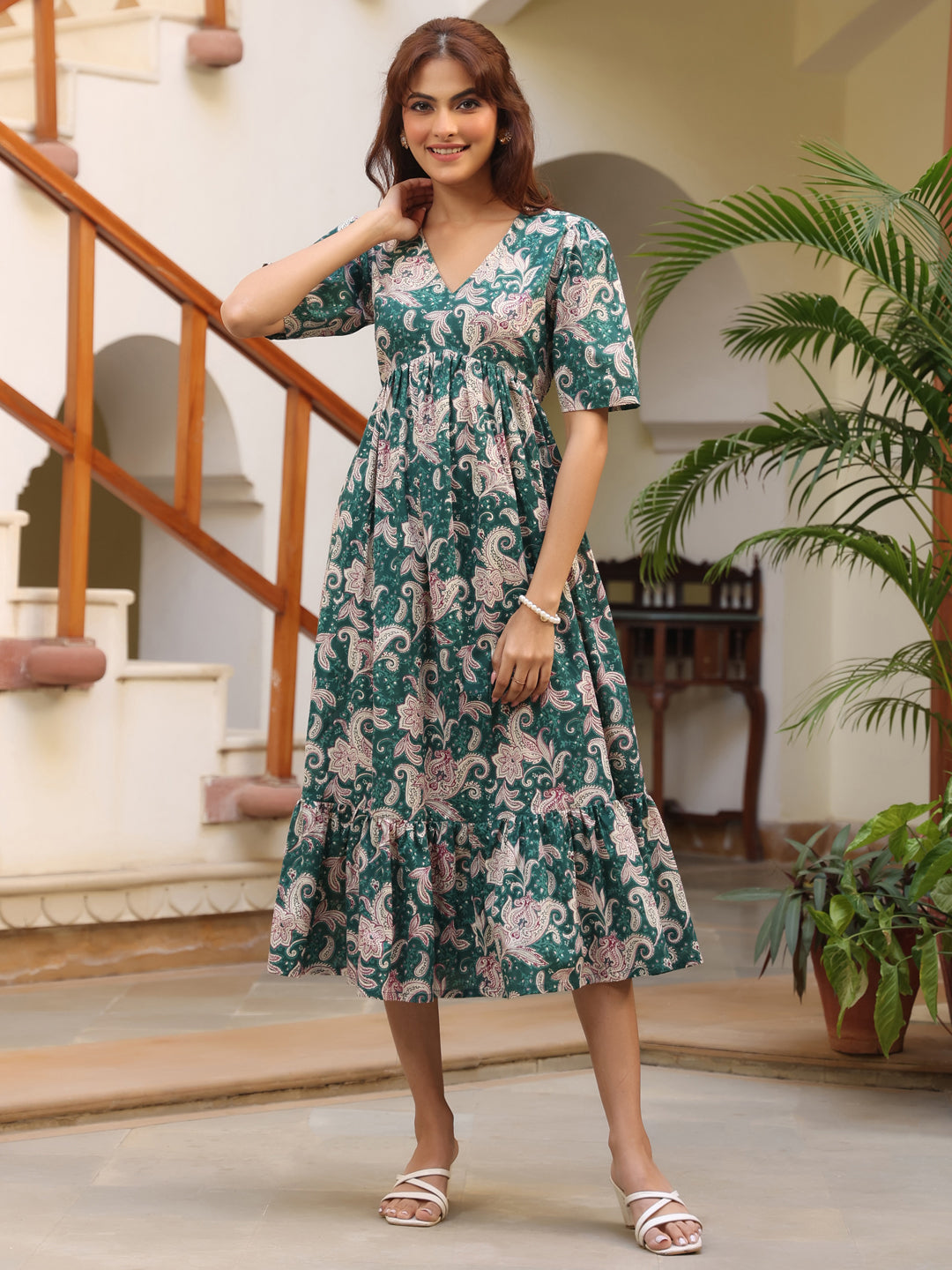 Green Pure Cotton Printed Floral Tiered Dress