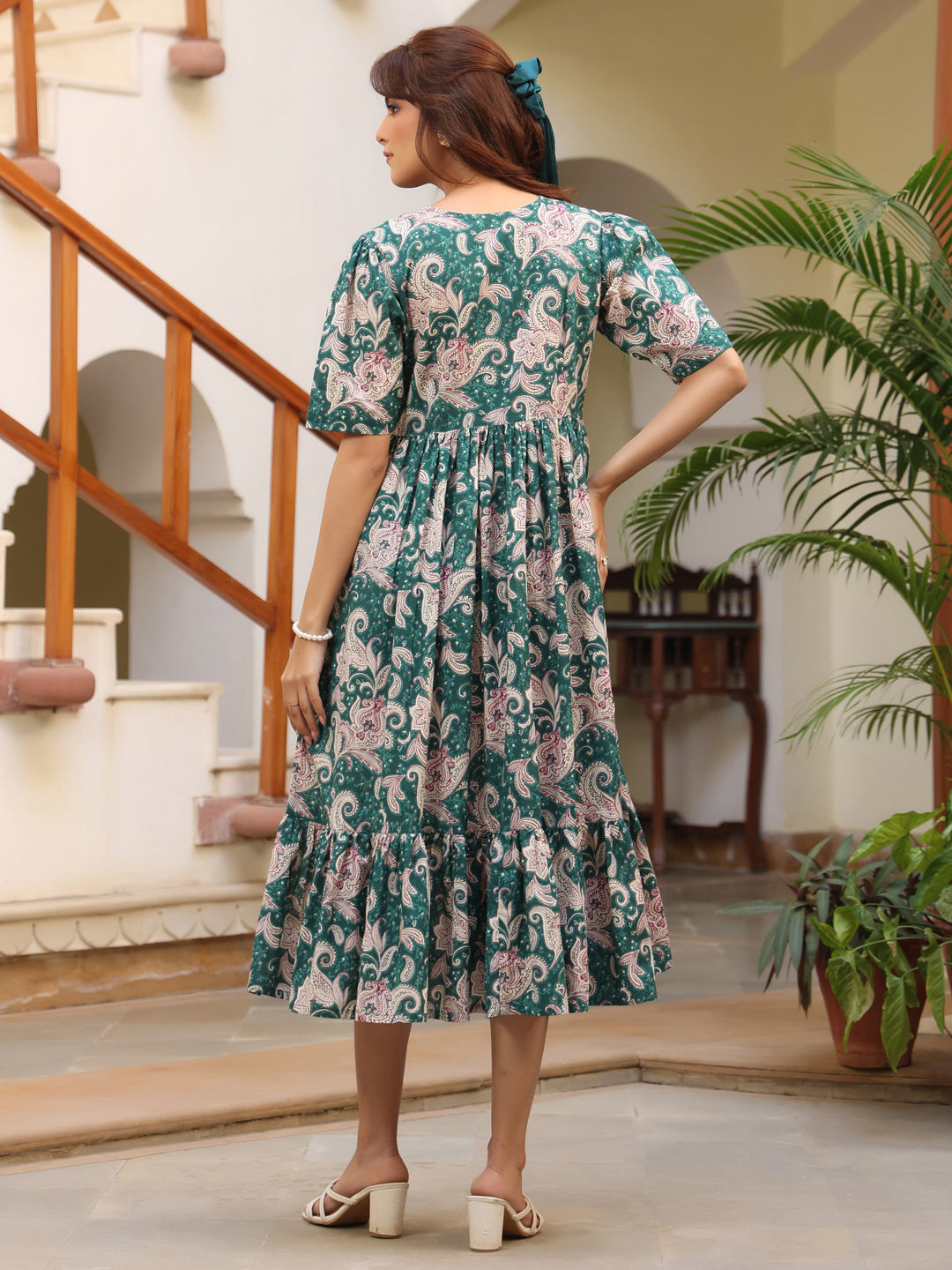 Green Pure Cotton Printed Floral Tiered Dress