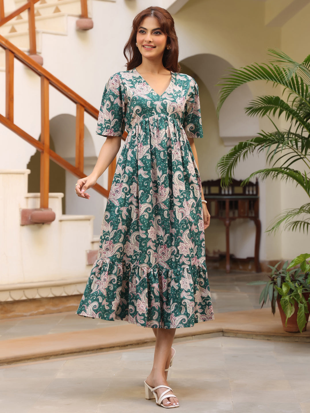 Green Pure Cotton Printed Floral Tiered Dress