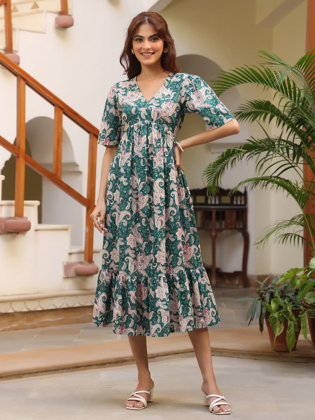 Green Pure Cotton Printed Floral Tiered Dress