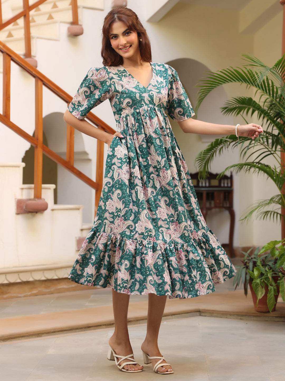 Green Pure Cotton Printed Floral Tiered Dress