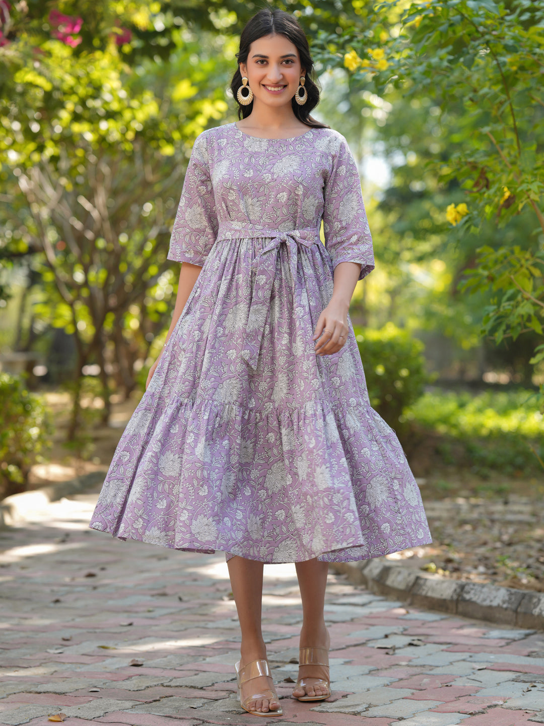 Lavender Pure Cotton Floral Printed Tiered Dress