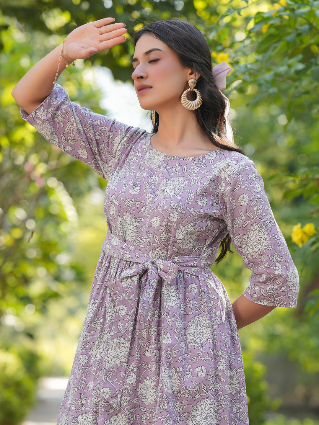 Lavender Pure Cotton Floral Printed Tiered Dress