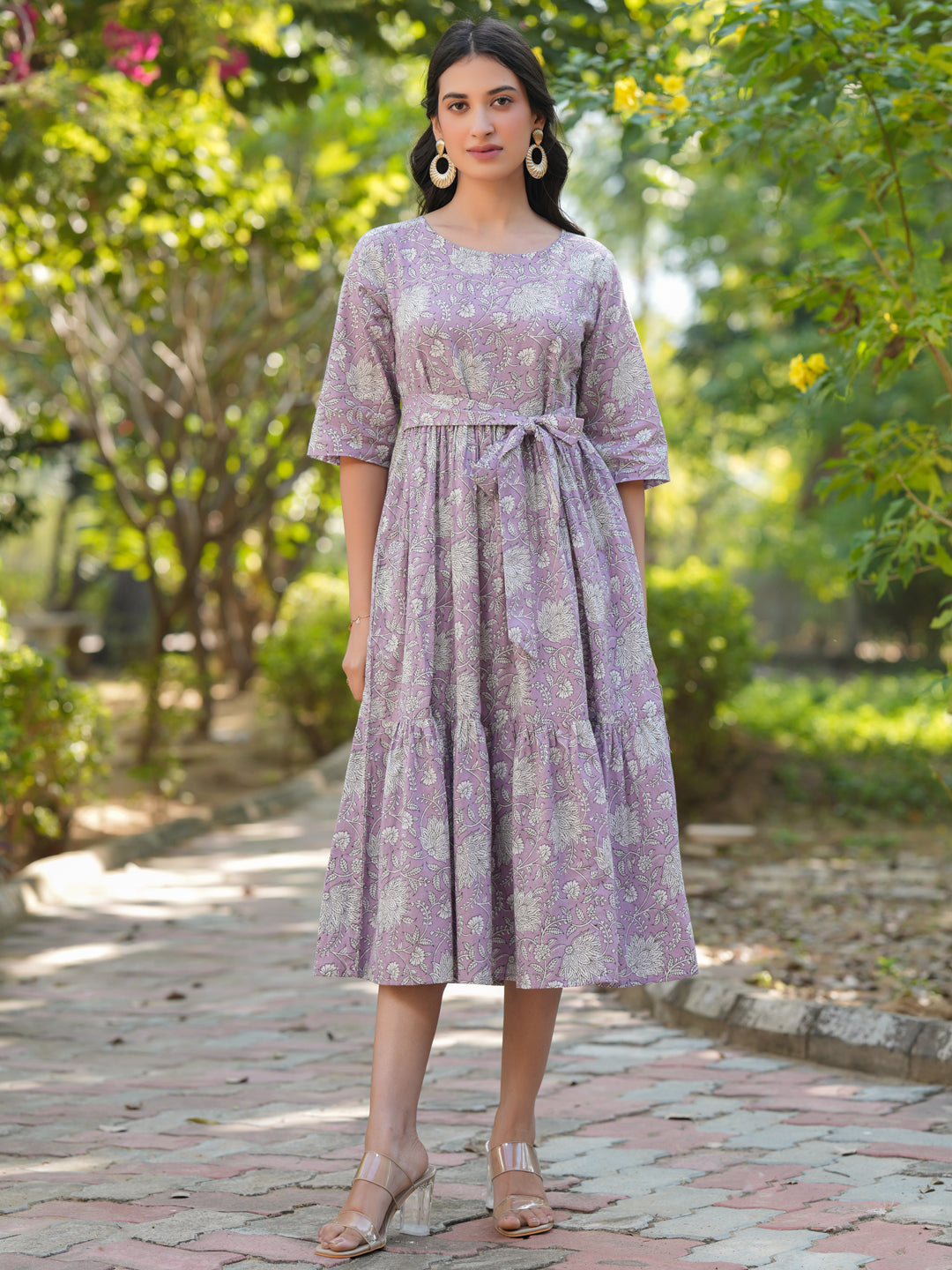 Lavender Pure Cotton Floral Printed Tiered Dress