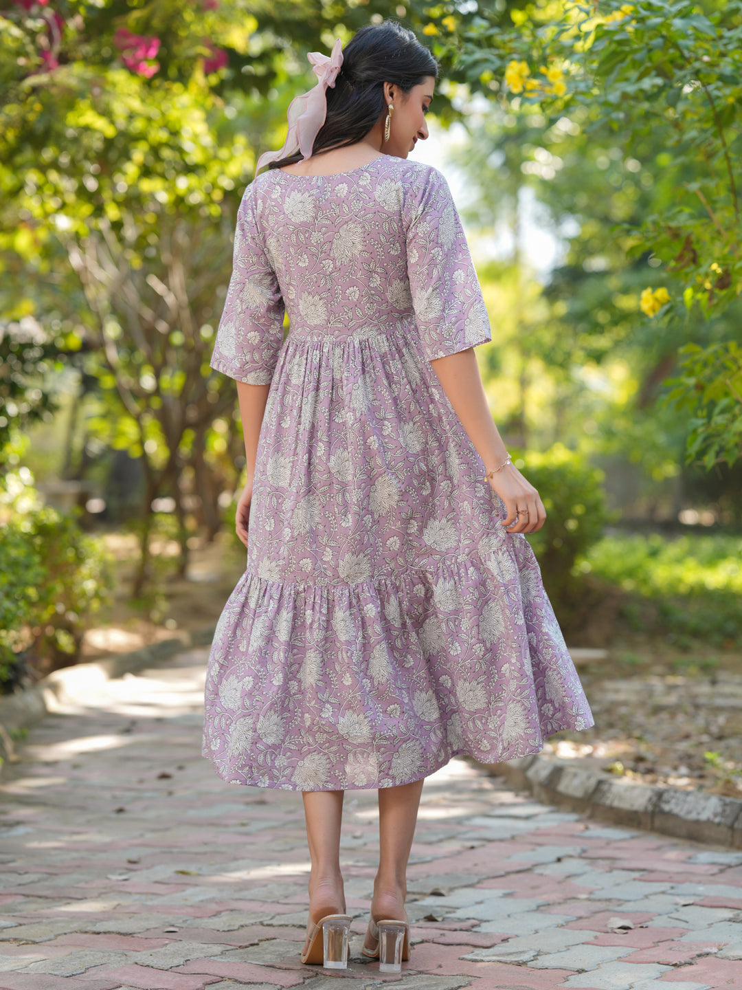 Lavender Pure Cotton Floral Printed Tiered Dress