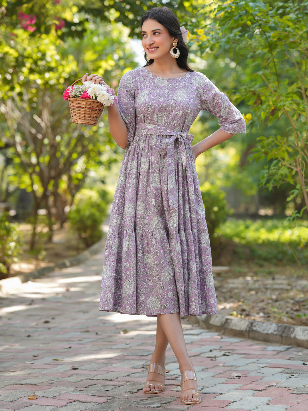 Lavender Pure Cotton Floral Printed Tiered Dress