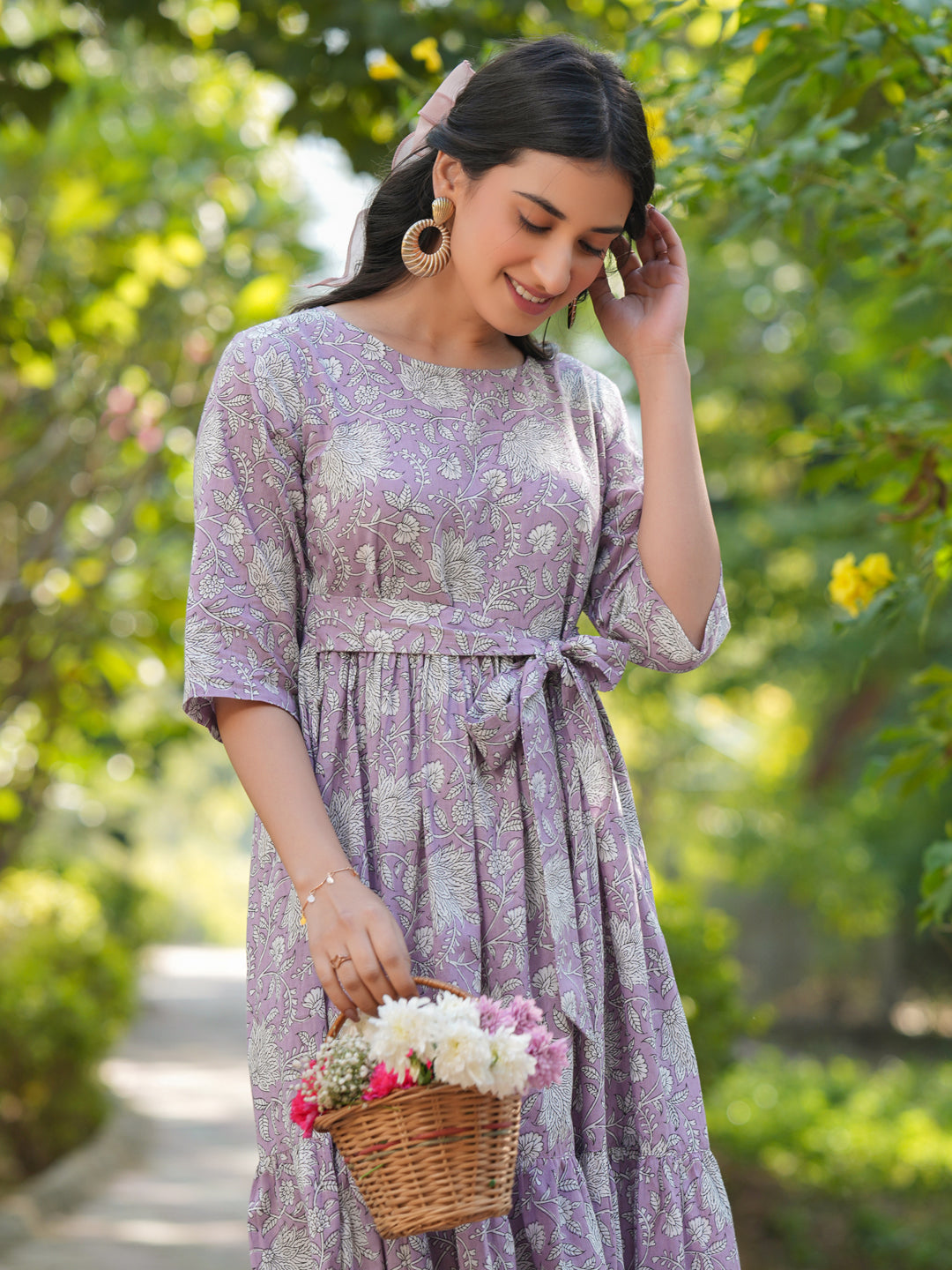 Lavender Pure Cotton Floral Printed Tiered Dress