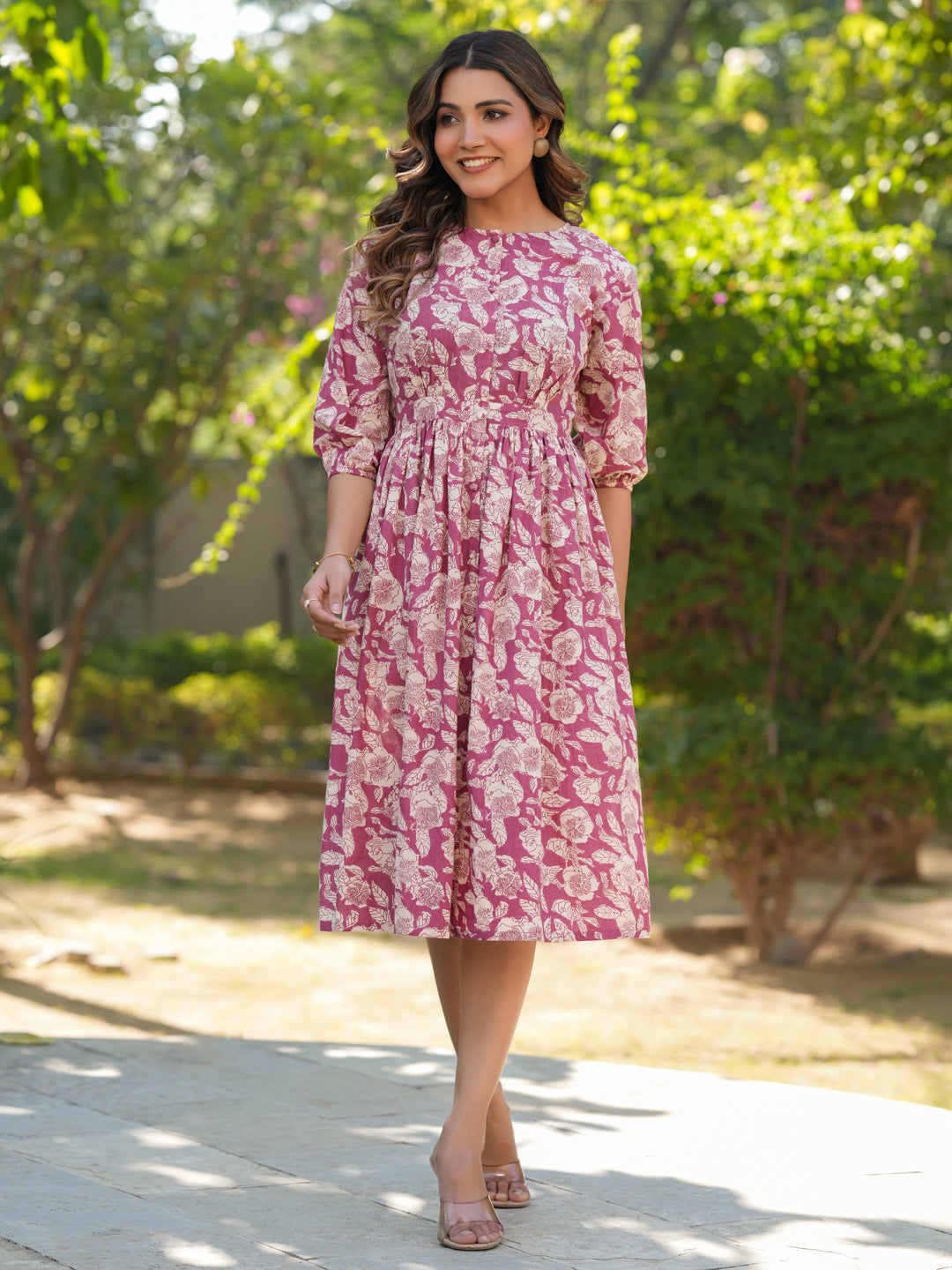 Mauve Pure Cotton Floral Printed Gathered Dress