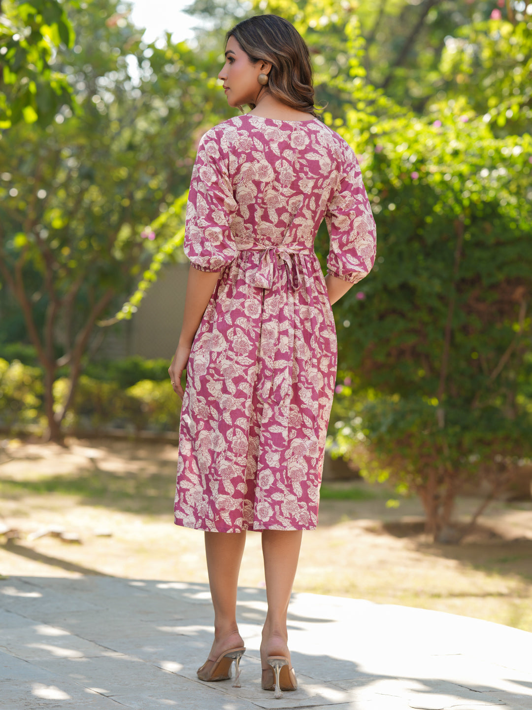 Mauve Pure Cotton Floral Printed Gathered Dress