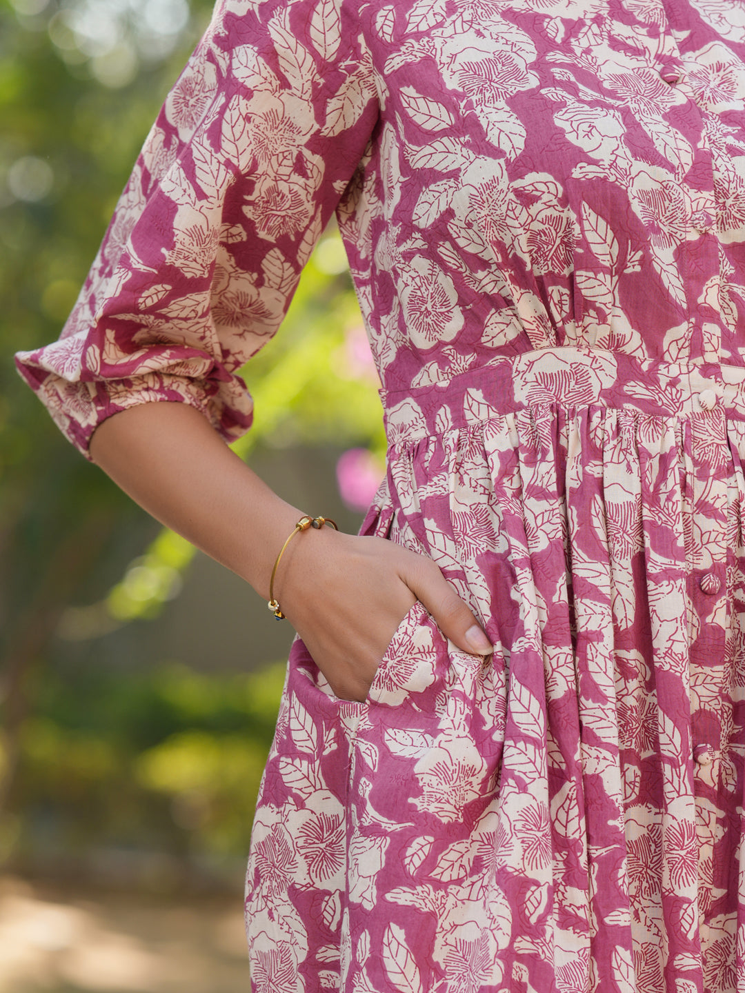 Mauve Pure Cotton Floral Printed Gathered Dress