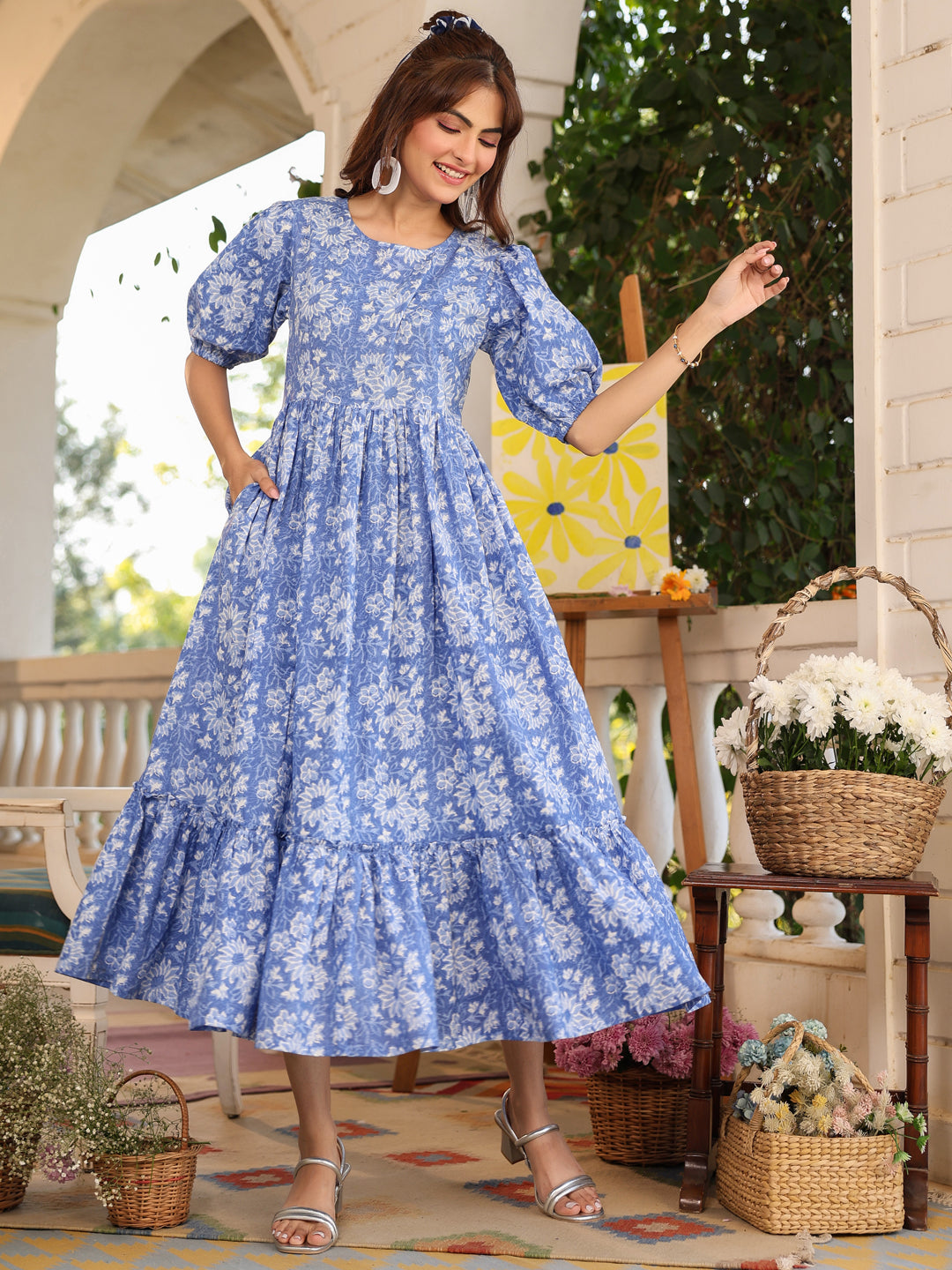 Blue Pure Cotton Floral Printed Tiered Dress