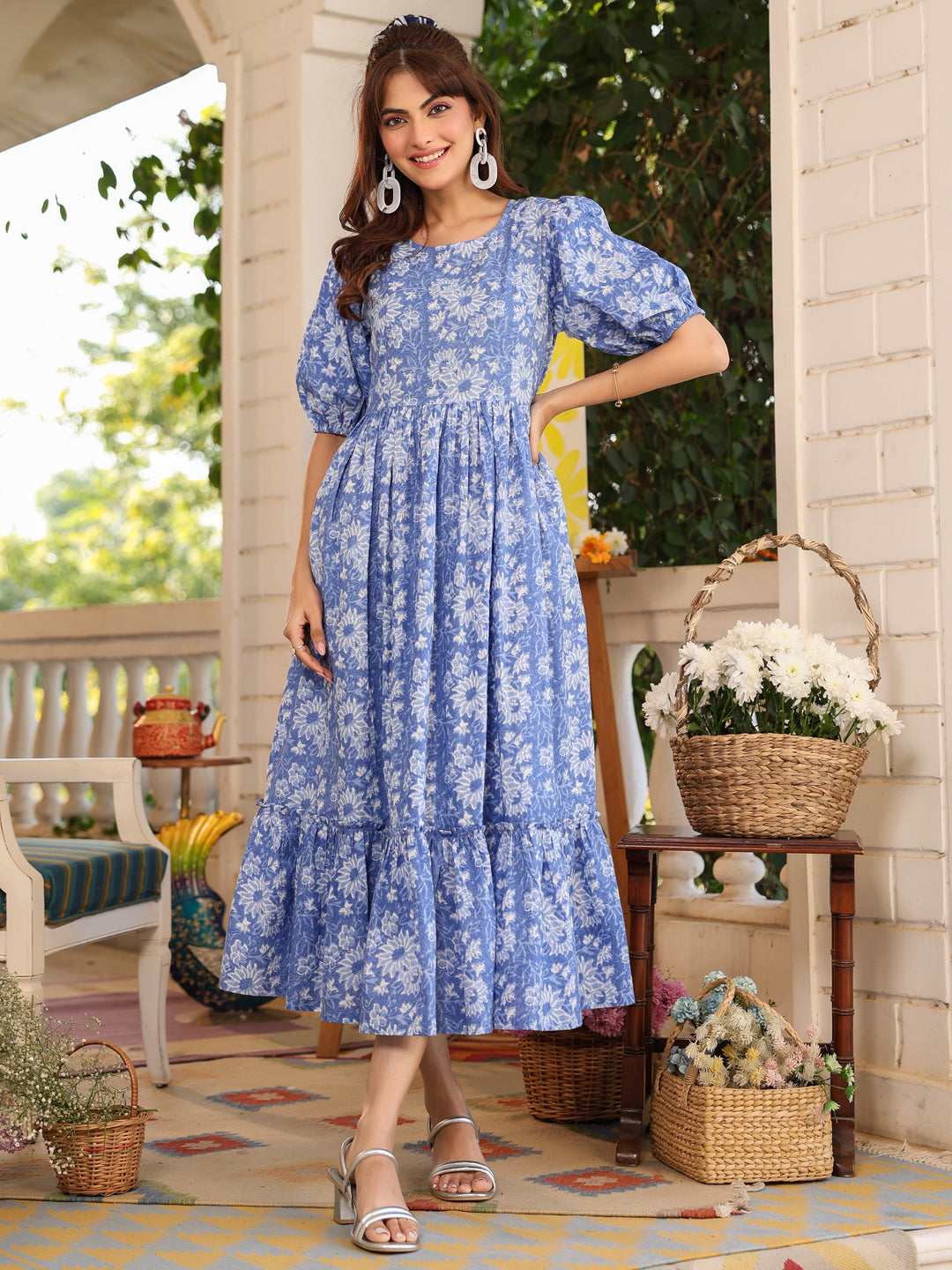 Blue Pure Cotton Floral Printed Tiered Dress