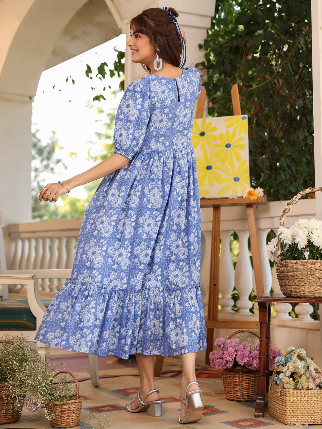 Blue Pure Cotton Floral Printed Tiered Dress