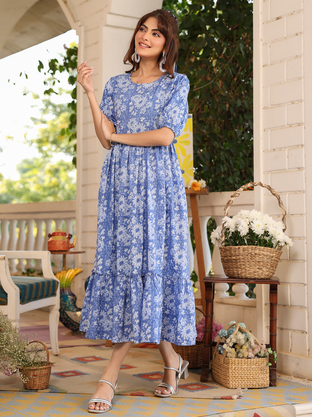 Blue Pure Cotton Floral Printed Tiered Dress