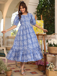 Blue Pure Cotton Floral Printed Tiered Dress