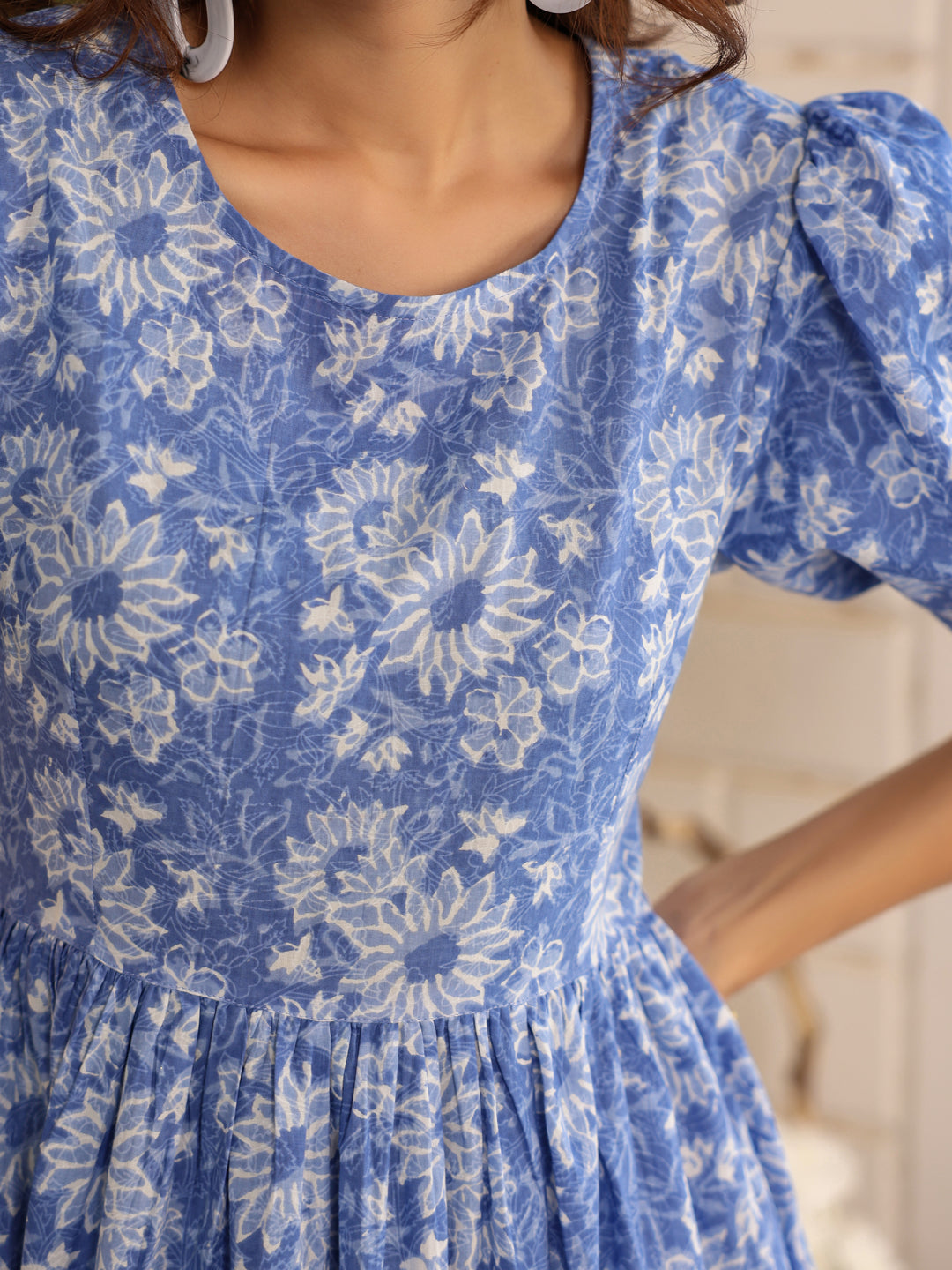 Blue Pure Cotton Floral Printed Tiered Dress