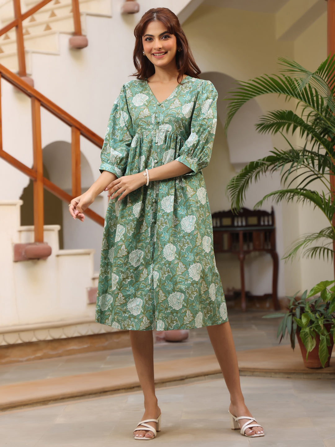 Sage Green Pure Cotton Floral Printed A-Line Dress