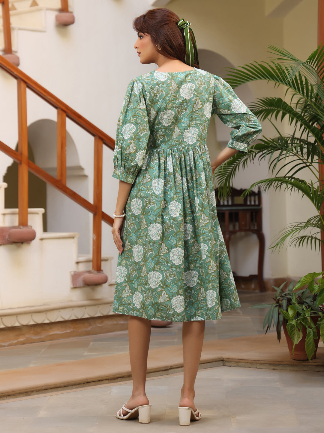 Sage Green Pure Cotton Floral Printed A-Line Dress