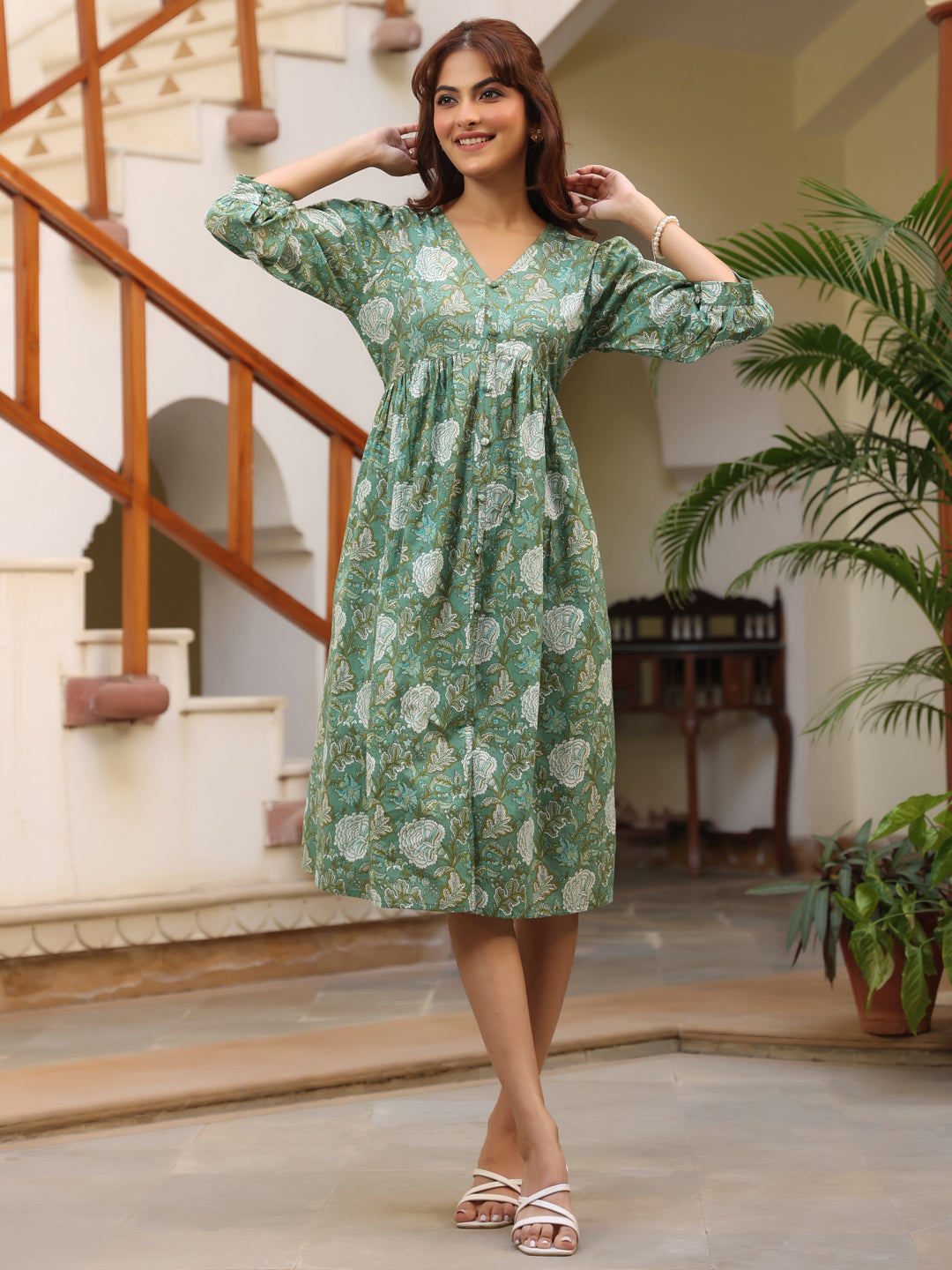 Sage Green Pure Cotton Floral Printed A-Line Dress