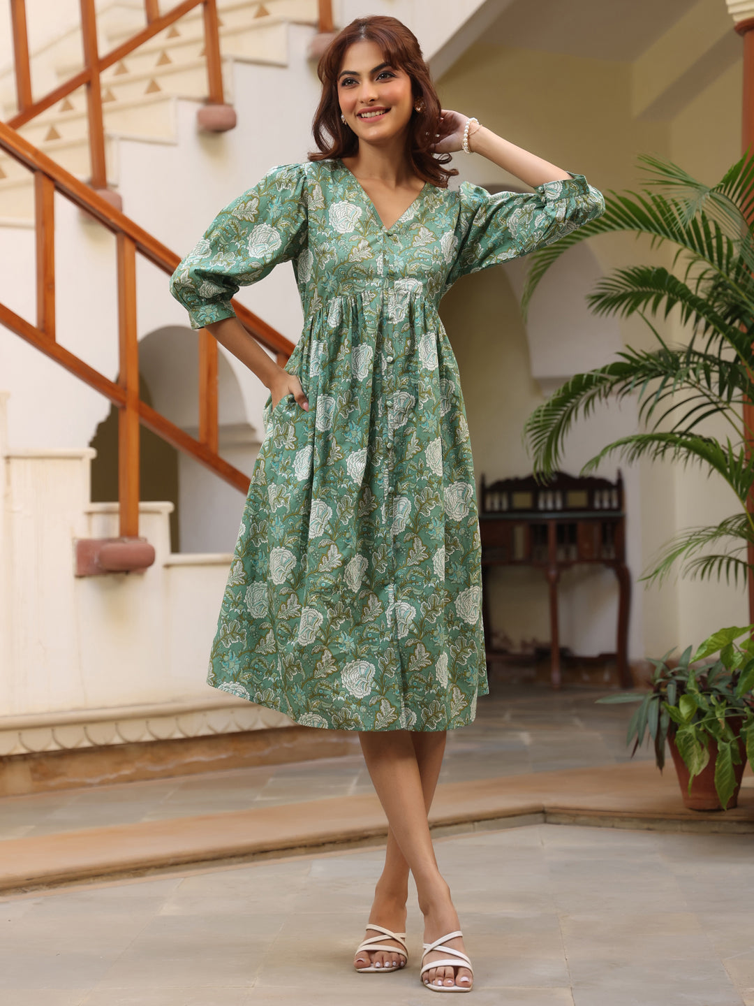 Sage Green Pure Cotton Floral Printed A-Line Dress